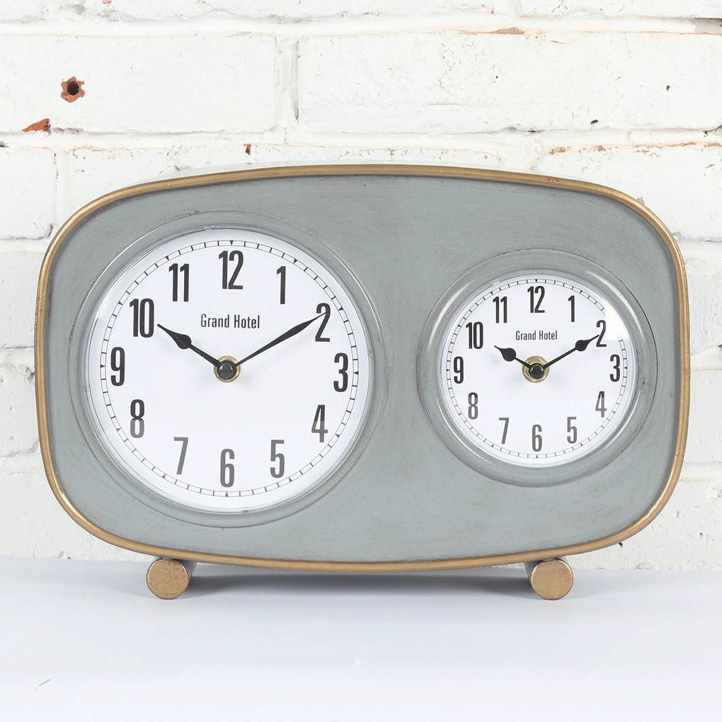 2 Dial Different Time Zone Grey Metal Clock Gold Color Decorative Table Clock
