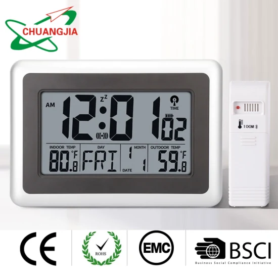 Digital Wall Radio Controlled Clock with Indoor Outdoor Temperature Time Zone Setting