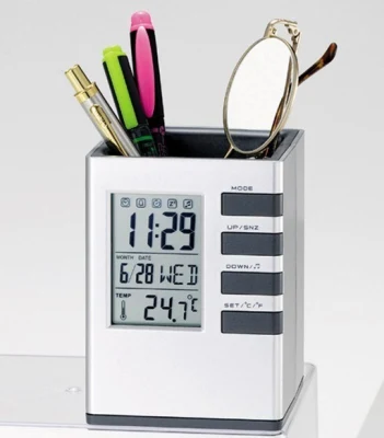 Office LCD Countdown Function Alarm Clock Time Temperature Display Pen Pencil Holder Durable Desk Organizer